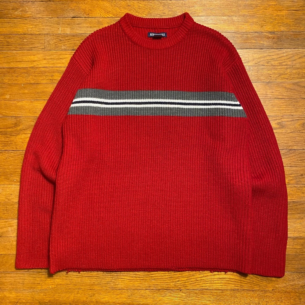Aeropostale Mens Red Striped Crewneck Knit Sweater Large Vintage Y2K Style